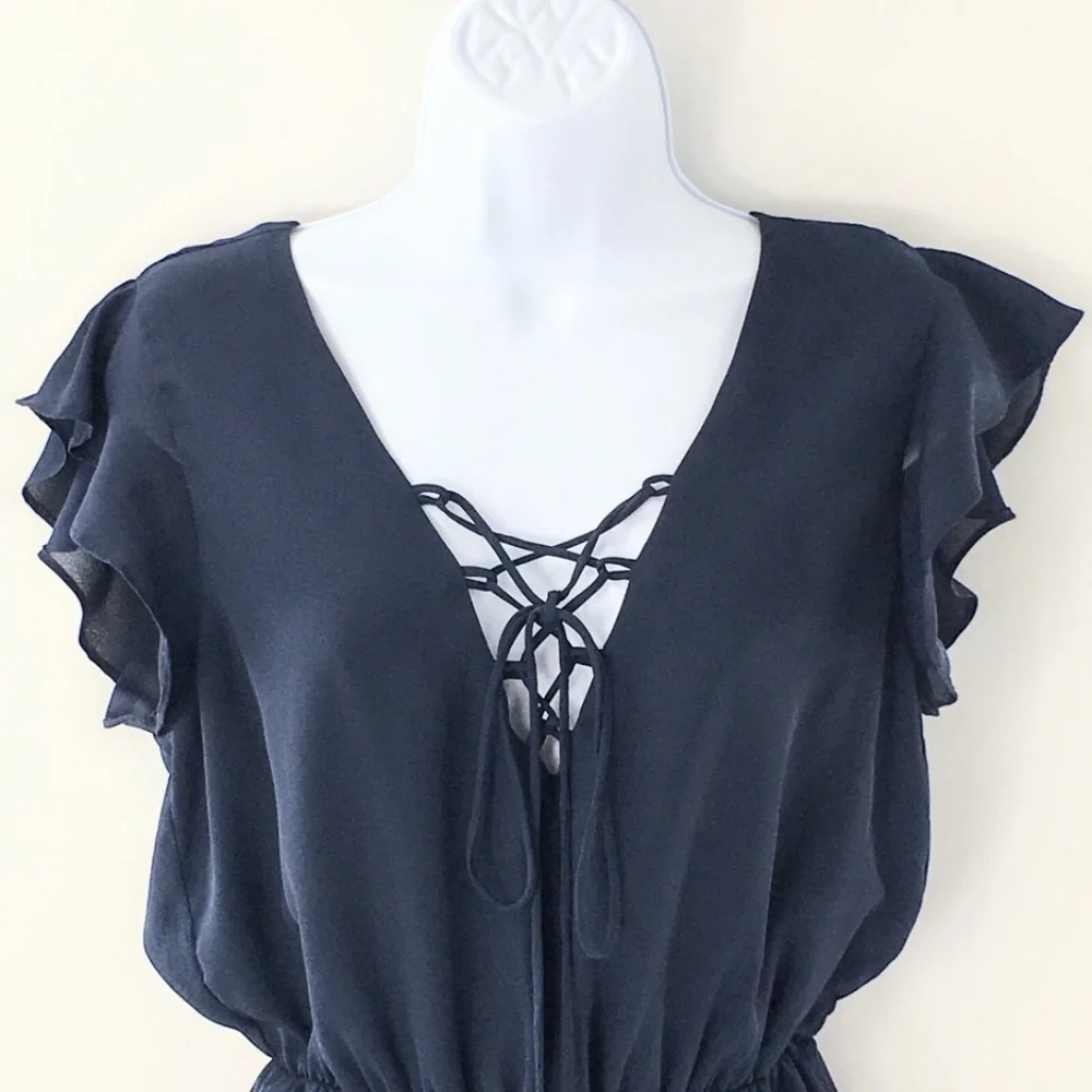 Everly Womens Romper Flutter Sleeves Elastic Waist Summer Tie Feminine Navy Sz - Picture 2 of 15